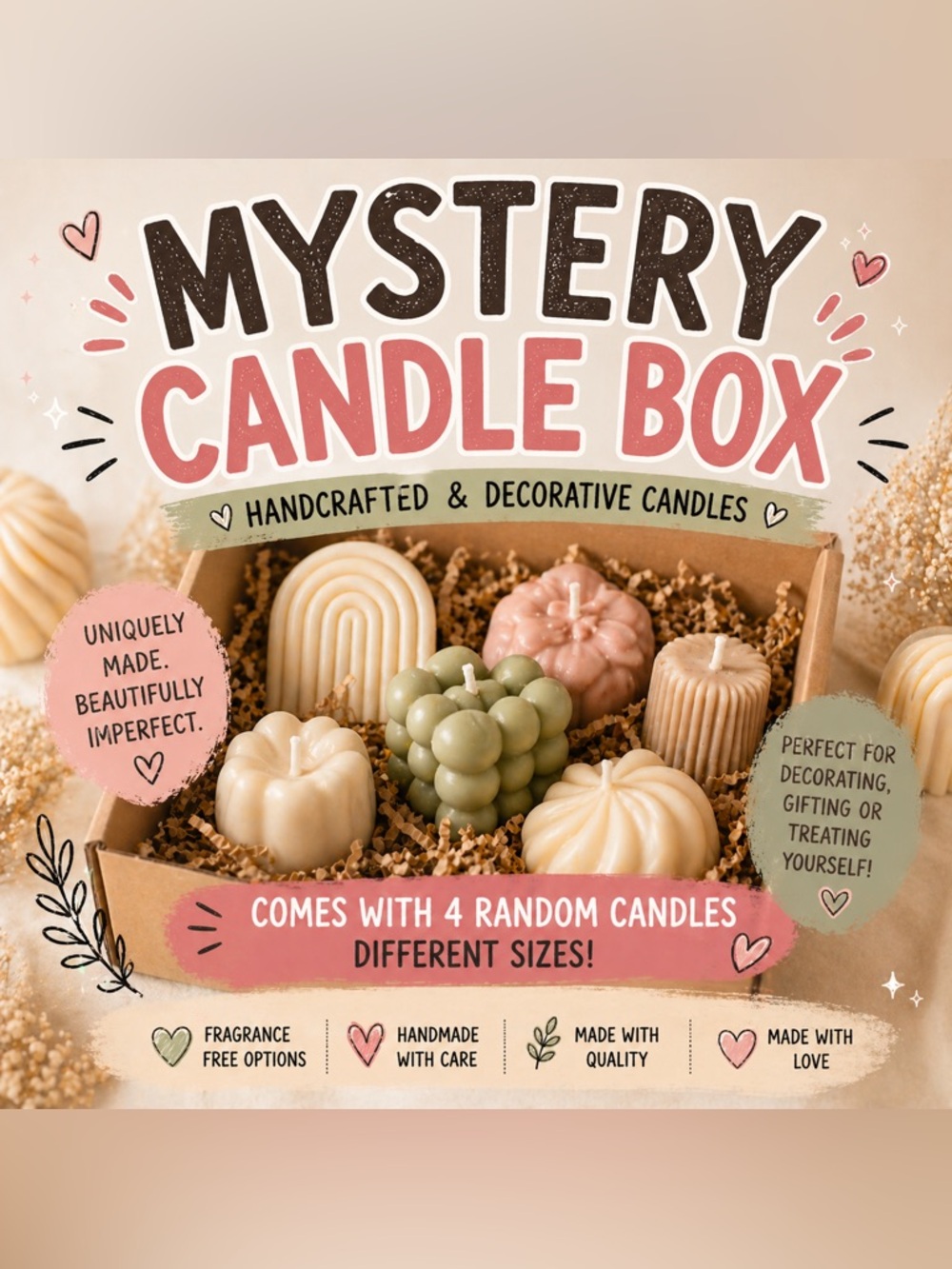MYSTERY CANDLE BOX !! 4 Handmade Assorted Decorative Candles